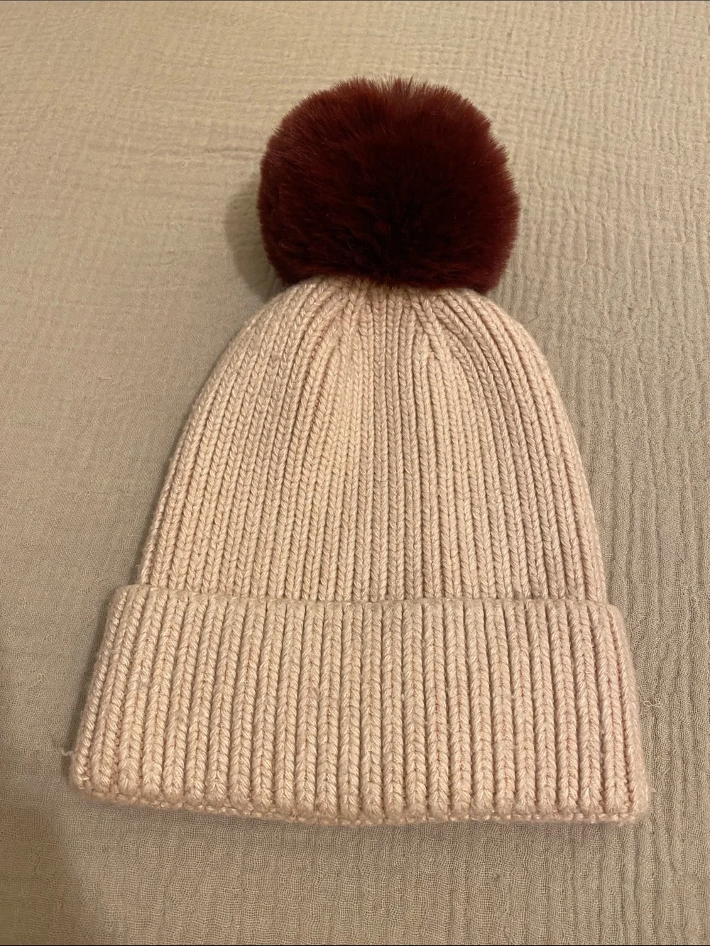 By Anthropologie Women's Pink Knit Pom Beanie with Brown Pom